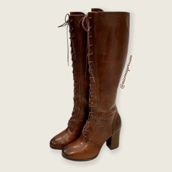 $699 Frye Parker Lace-Up Victorian Brown Leather Tall Bohemian Knee High Boot - Picture 6 of 16